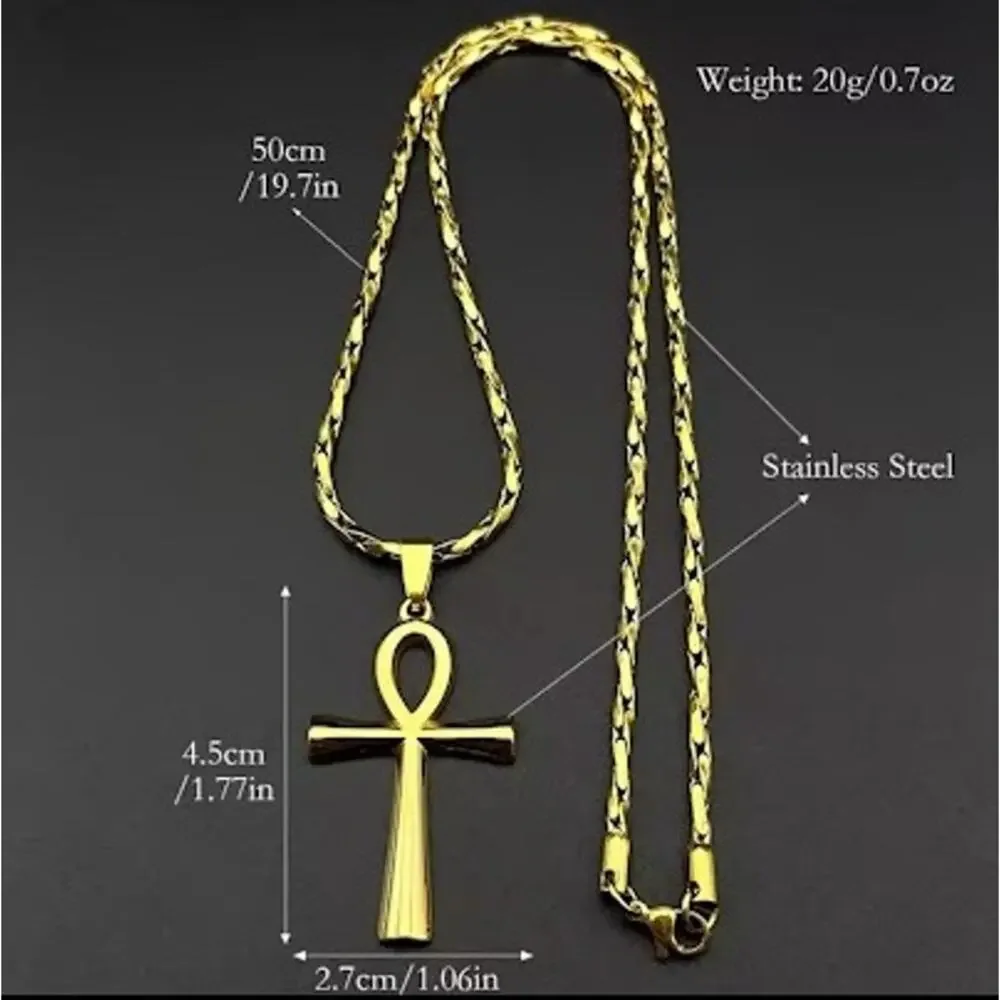 Egyptian Ankh Cross Pendant Necklace Gold Stainless Steel Religious Jewelry
